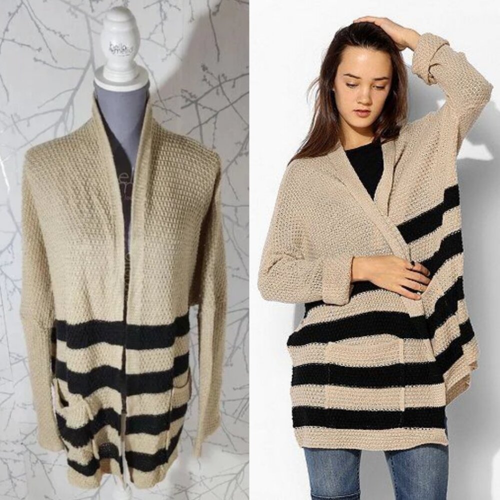 BDG Beige Striped Textured Knit Open Front Cardigan